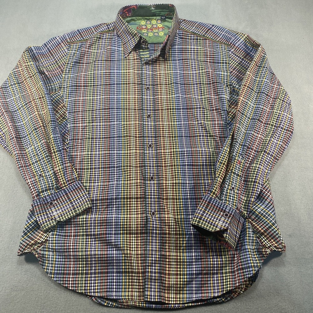 Robert Graham Mens Button Down Long Sleeve Plaid Multicolor Silk Trim XL